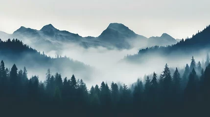 Wall murals Morning with fog a foggy forest with mountains