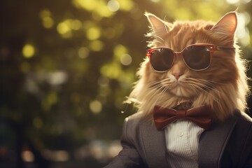 Coll cat with stylish sunglasses, business suite.