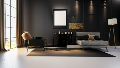 luxury living room, black color modern apartment interior background, Ai Generate 