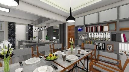 Modern kitchen interior design in Scandinavian style. 3d renders