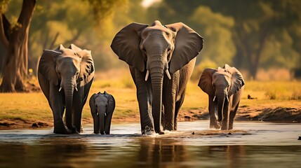 Fototapeta na wymiar a group of elephants stand in a river