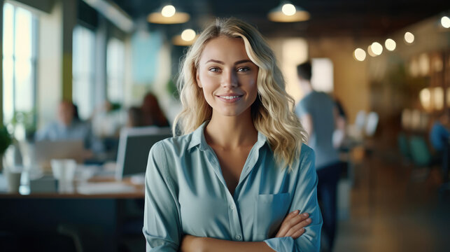 Businesswoman standing competent and smiling standing in office