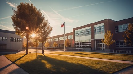 Exterior view of a typical American school. Generative AI - obrazy, fototapety, plakaty