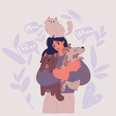 Vector illustration of woman with her cute Lovely pets. Cat and dog