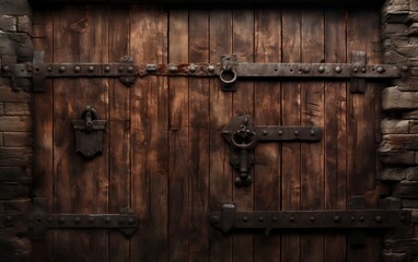 A Detailed Closeup on a Wooden Door Embedded in the Dungeon Wall. Generative AI