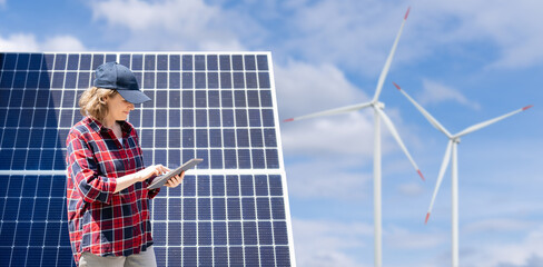 Woman with tablet computer on a background of wind turbines and solar panels