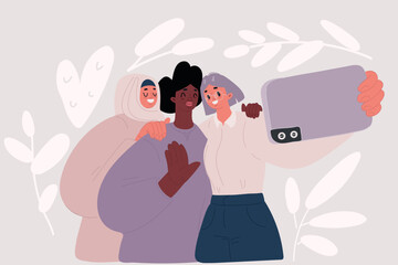 Vector illustration of Big group of friends taking selfie picture smiling at camera Laughing women having fun. Portrait photography of girls enjoying together. Afro, muslim, white girls.