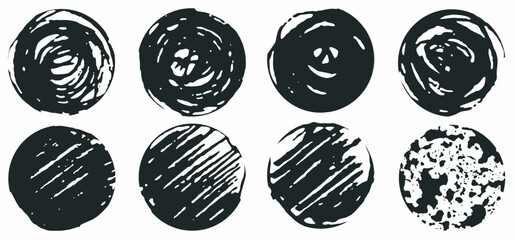 Hand drawn ink grunge circles set. Design elements round dirty frames. Black shapes circles, dry brush strokes. Vector background