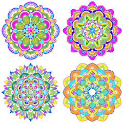 Set of mandalas. Decorative round ornaments. Weave design elements. Yoga logos, backgrounds for meditation poster. Illustration on transparent background