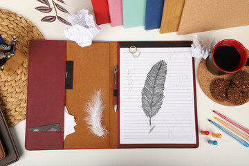desktop top view, agenda view, blank writing space, rose  red colored leather agendas, coffee and cookies top view, many pen top view, sketch work