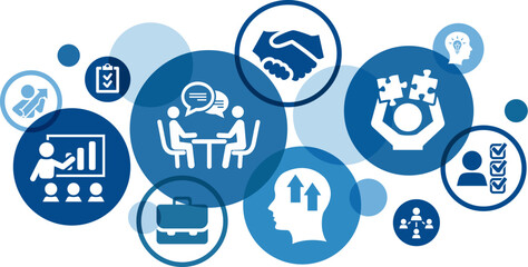 Human resources / HR & recruitment vector illustration. Blue concept with icons on personnel, employment, career & talent management, candidate interview, job offer, hire / recruit new employee.