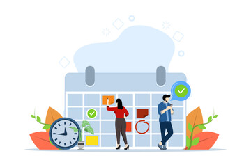 concept of planning schedule, business event and calendar. People with schedules, pens and notes organizing meetings. Planning strategy and time management. Flat vector illustration.