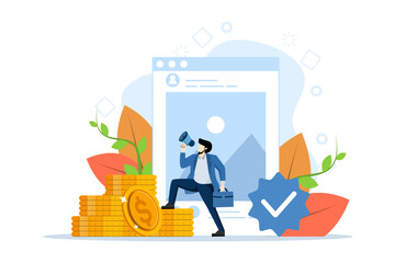 Concept of blog monetization, earn money on internet, online income. Men make money online on social media. Bloggers monetize blogs and share posts. Flat vector illustration on a white background.