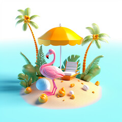 	
3D summer beach with flamingo