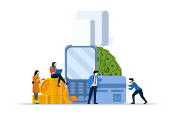 Obraz premium financial transactions, non-cash transactions on payments. Post-terminal and payment system, monetary currency, coin, NFC payment concept, flat vector illustration on a white background.