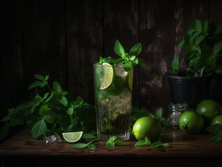 fresh mojito cocktail. consisting of lime, ice and mint. refreshing summer vibe made with generative AI