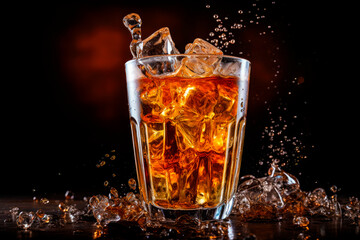 Glass of whisky with splashing liquid and ice cubes