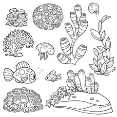 Anemones, corals, fishes, jellyfishes, sand stones and sponges set coloring book linear drawing isolated on white background