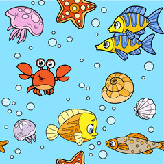 Naklejka premium Seamless pattern from cute carton sea inhabitants crab, fishes, seashells and jellyfish