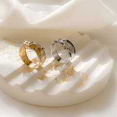 Stylish 14k white and red gold rings with pendants.