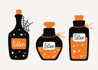 Halloween poison bottle illustration set. Holiday design elements