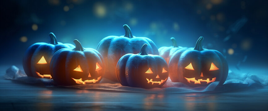 evil blue fear night background mystery funny halloween table pumpkin horror. Generative AI.