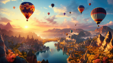 Hot air balloons flying over beautiful landscape and river. created with generative AI technology.