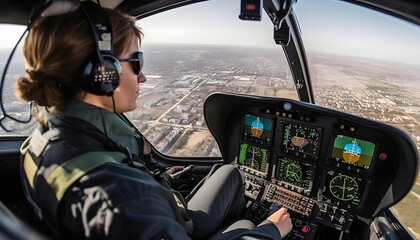 Back view Woman pilot in the cockpit of a helicopter in flight with a view of the city from above, AI generated