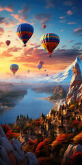 Hot air balloons flying over beautiful landscape and river. created with generative AI technology.