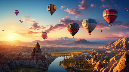 Hot air balloons flying over beautiful landscape. 3d illustration. created with generative AI technology.