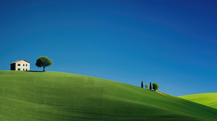 Naklejka premium Tuscany landscape with green fields, olive grove and house created with generative AI technology.