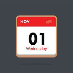 wednesday 01 november icon with black background, calender icon