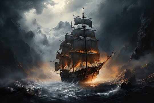 Vessel ship in the rough sea. Fantasy landscape. 3D rendering