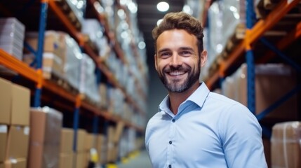 Happy man or manager working at warehouse full of shelves with goods, Distribution center, Export and people concept.