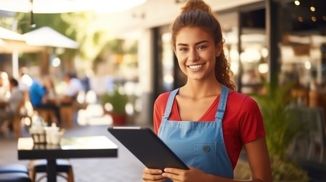 Young woman waitress smiling confident using digital tablet at coffee shop terrace.