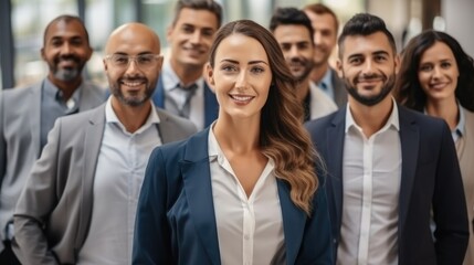 Smiling group of diverse young business people standing together in a modern office, Successful creative business team.