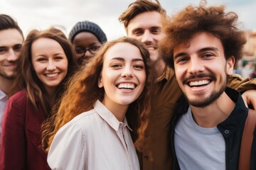 Fototapeta premium Diverse group of friends having fun smiling outdoor, Young people celebrate holiday vacations outside.