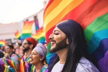 Group of people with rainbow flags and banners during Gay Pride event, Having fun during LGBT event.