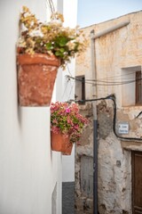 Typical street of a small Andalusian town in the south of Spain, very bright and with potted flowers on the walls