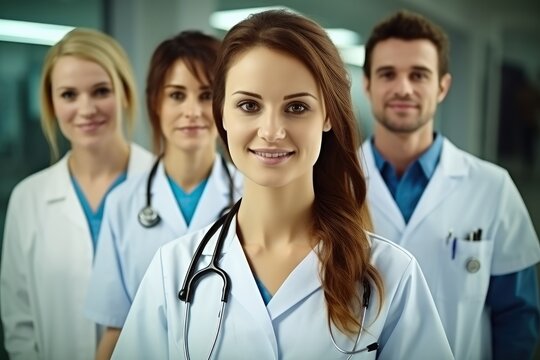 Female Doctor standing in Front of her team in hospital.