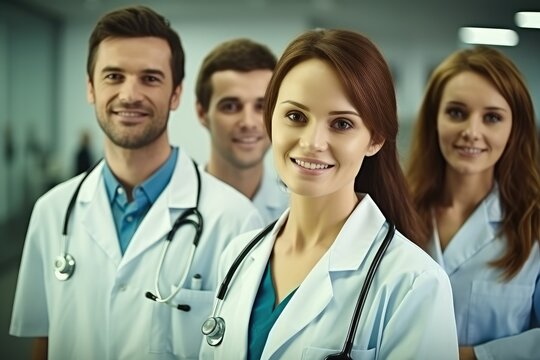Portrait Of Multicultural Medical Team Standing in hospital hallway, Medical staff.