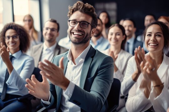Applause and businessman in an audience with a group of people clapping for a victory or achievement, Winner, Wow and motivation with a team of colleagues in a coaching or training seminar.