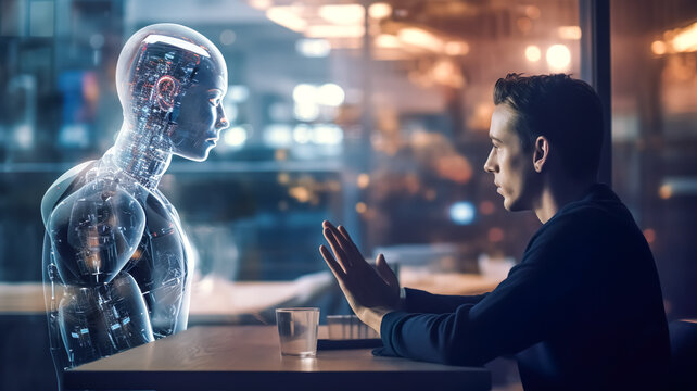 Robot talking with person in cafe machine learning reaction or ai artificial intelligence concepts.Chat bot software network.big data and block chain system.generative art images