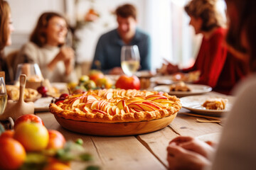 Thanksgiving family dinner. Traditional apple pie and vegan meal close up, with blurred happy people around the table celebrating the holiday. - obrazy, fototapety, plakaty