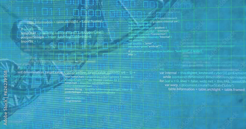 Poster animation of binary codes and computer language over dna helix model on abstract background