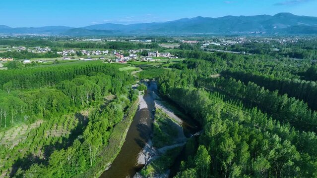 Aerial view from a drone in the surroundings of the C&uacute;a River and the Monastery of Santa Mar&iacute;a de Carracedo. Municipality of Carracedelo. The Bierzo. Lion. Castile and Leon. Spain. Europe