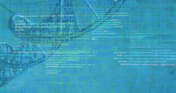 Animation of binary codes and computer language over dna helix model on abstract background