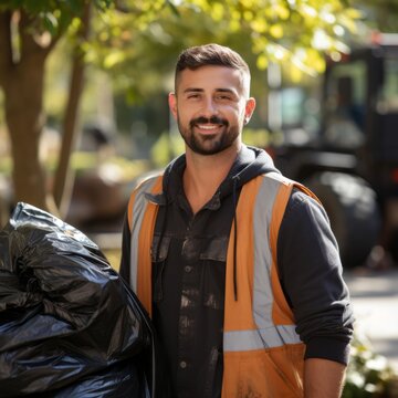Portrait of a young man and garbage bag on the street. Male worker cleaning the street from garbage. Recycling concept. Municipal, city employee male garbage man working on the street