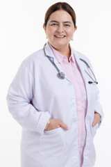 Fototapeta premium Portrait of smiling confident mature female doctor wearing lab coat standing against white background.