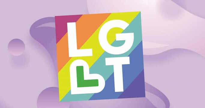 Animation of lgbt text in multicolored square over abstract pattern in background